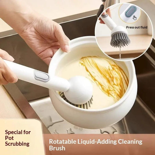 360° Scrubber Wand – Kitchen Dish Cleaning Brush with Liquid Dispenser