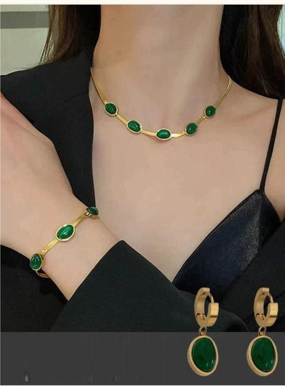 Luxury Oval Green Crystal Jewelry Set – Necklace with Matching Bracelet