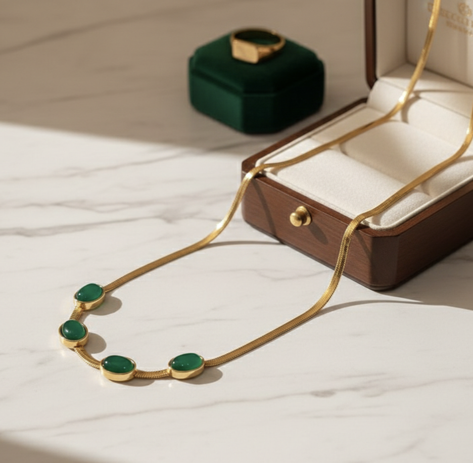 Luxury Oval Green Crystal Jewelry Set – Necklace with Matching Bracelet